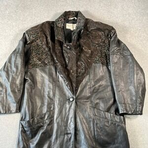 Vintage Brandon Thomas Leather Trench Coat Womens M Black Paisley Tapestry